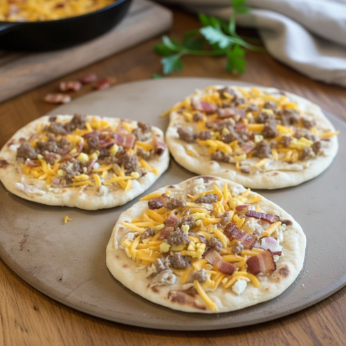 Breakfast pizzas plated on round pan