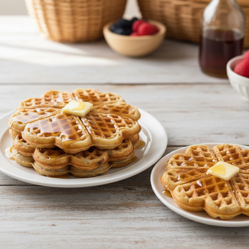 Heart waffles plated with butter and syrup