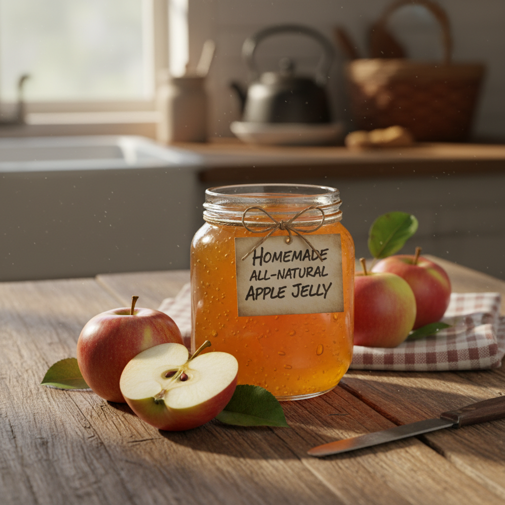 Half-pint jar of homemade all-natural apple jelly on a rustic wooden surface