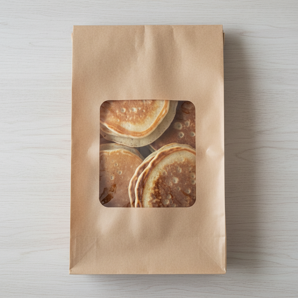 Pancakes in flat brown bread bag with clear window