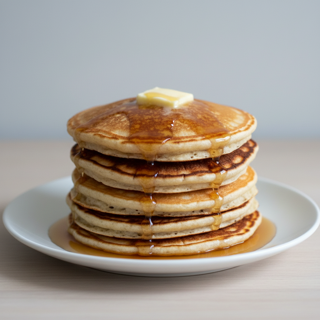 Pancakes on white plate with butter and syrup