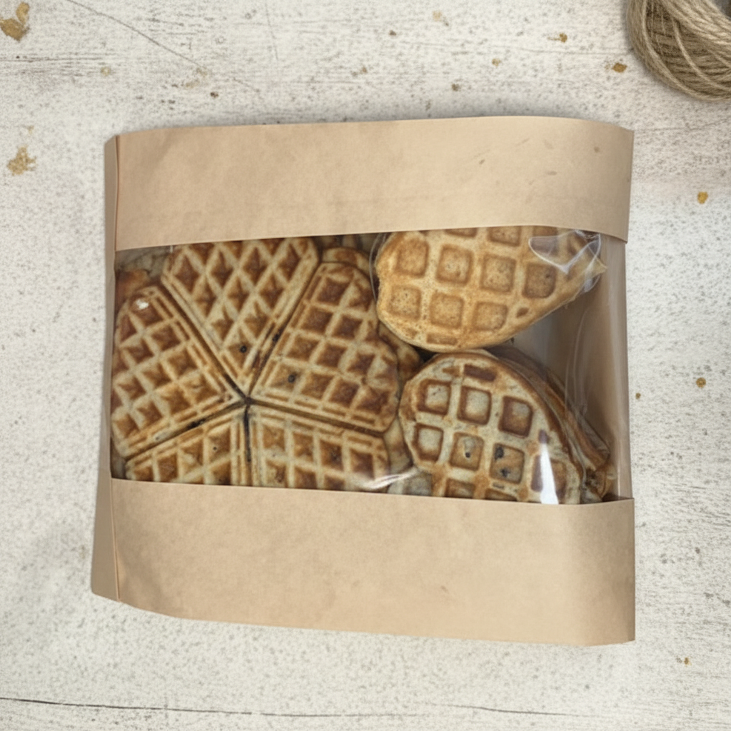Waffles in flat brown bread bag rotated horizontal