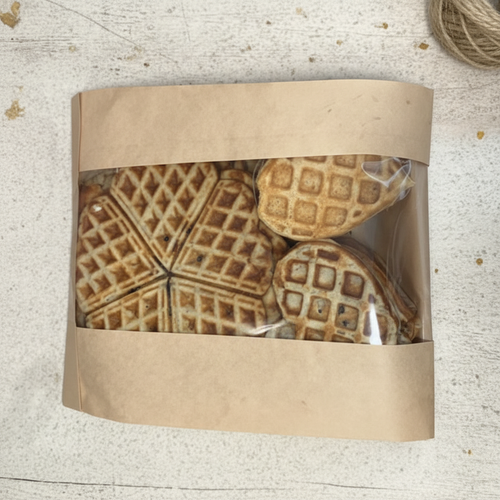 Waffles in flat brown bread bag rotated horizontal